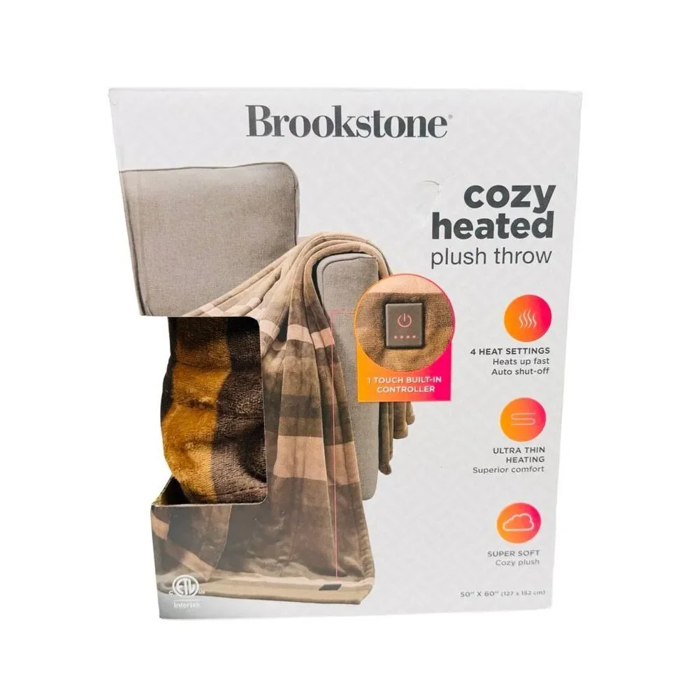 Brookstone Cozy Heated Printed Plush Throw - 50” x 60” - Brown Plaid